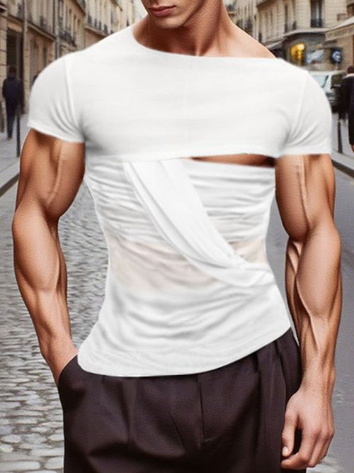 Men's Sheer Mesh Patchwork Hollow Sleeveless T-Shirt SKUL15199 - White / S