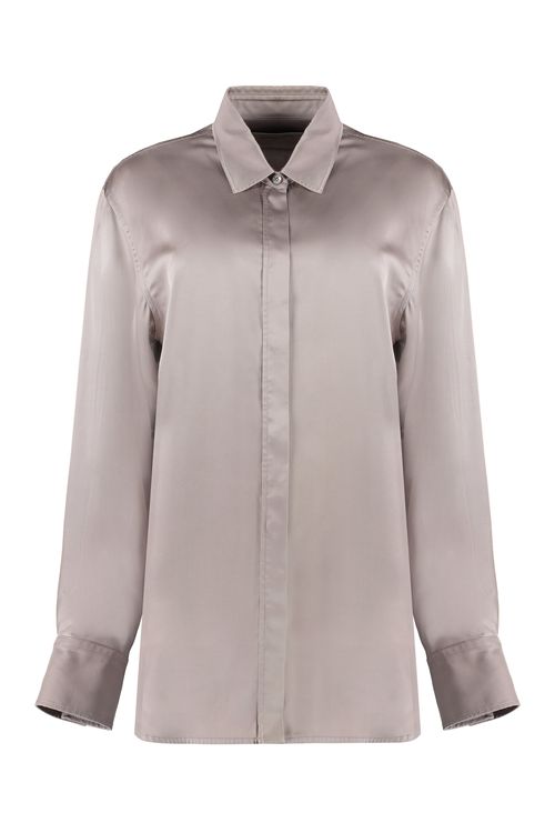 Oversized Cotton Shirt with Pleated Bib and Jewel Buttons