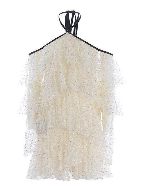 Flounced dress with silver polka dots