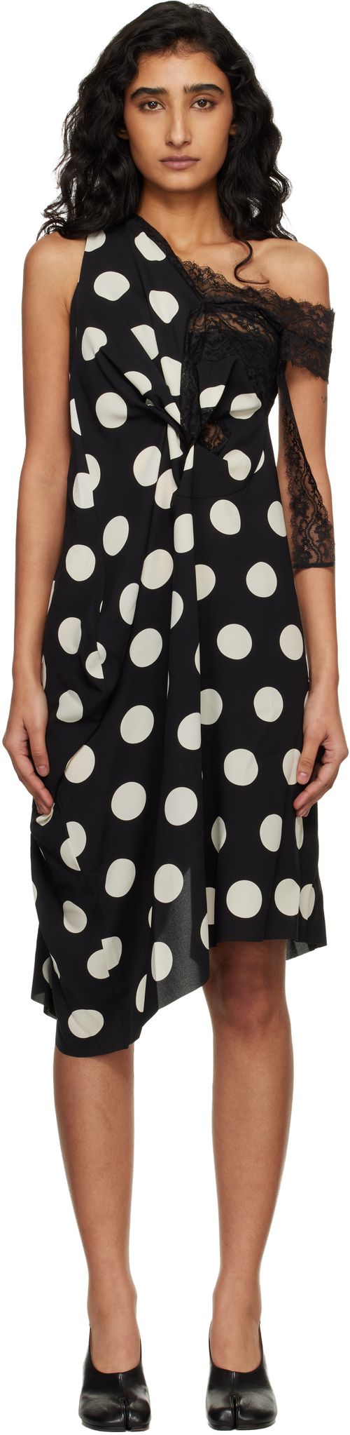 Black & Off-White Printed Lace Minidress
