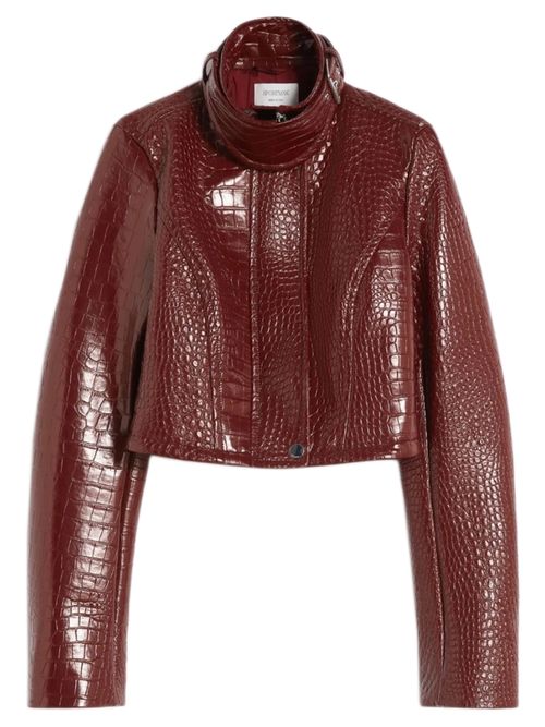 Fitted Polo-Neck Zip Jacket with Alligator-Embossed Patent-Leather Finish