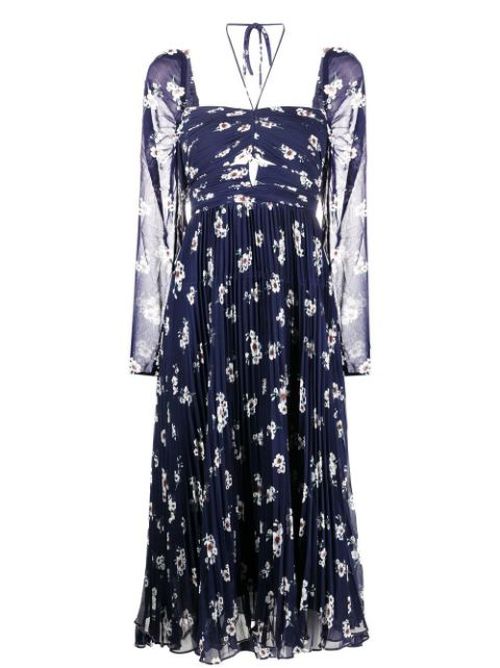 Pansy-print pleated midi dress