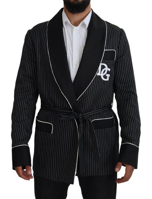 Pinstriped Silk-Blend Robe Blazer — Black