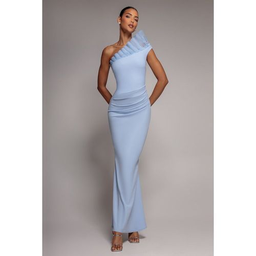Goddiva One Shoulder Organza Frill Pleated Mermaid Maxi Dress - Powder Blue