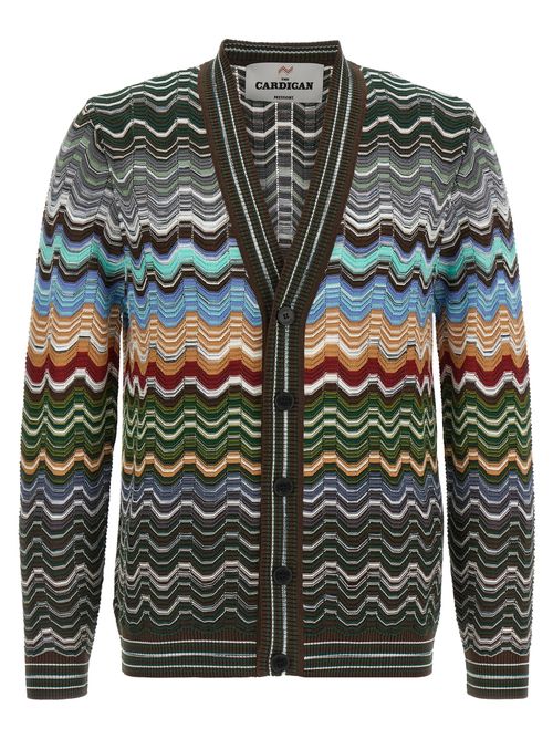 Chevron-Patterned Cotton-Viscose Cardigan — Multicolor