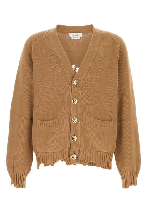 Distressed Cotton Cardigan — Beige