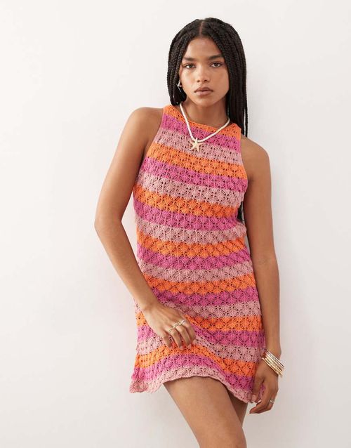 Crochet mini dress in multi stripes-pink