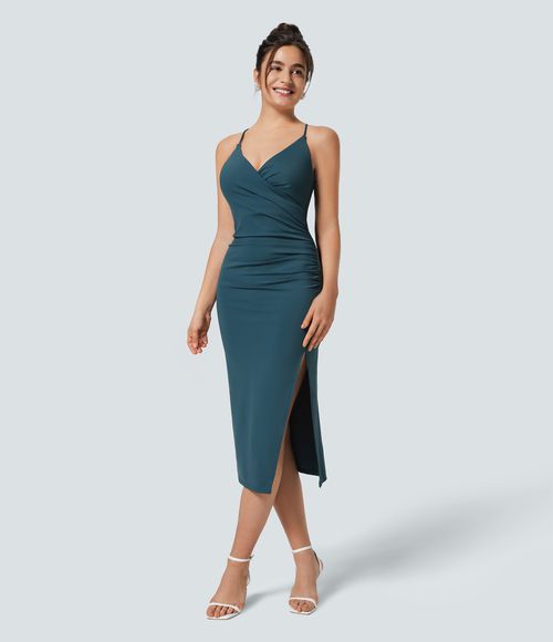 SoftlyZero™ Airy Crossover Ruched Lace Up Bodycon Cool Touch Dress-UPF50+ Casual Dress - Ink Green