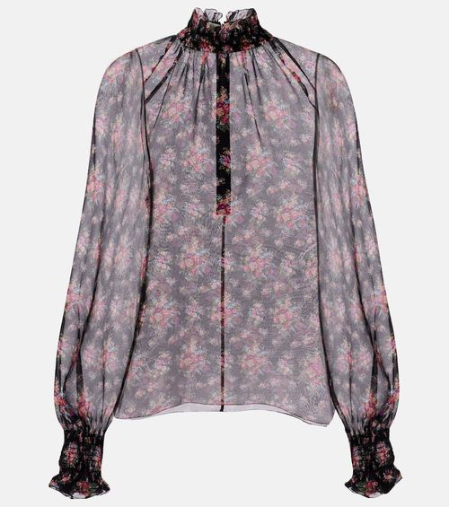 Floral ruffled sheer silk blouse