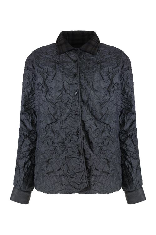 Reversible Padded Jacket with Crinkled Quilted Panels and Plaid Wool Collar