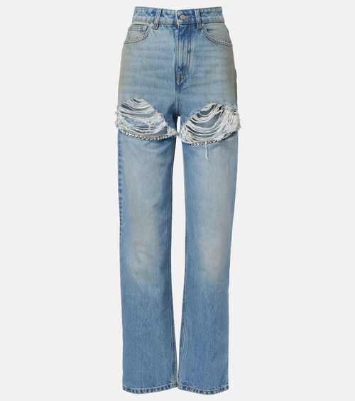 Distressed embellished wide-leg jeans