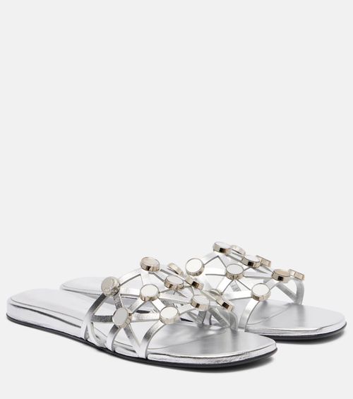 Grid embellished leather flat sandals