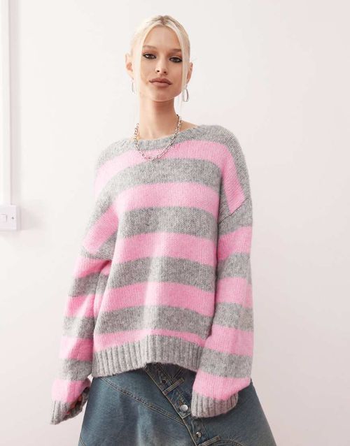 Monki crew neck knit sweater in pink and gray stripe-Multi