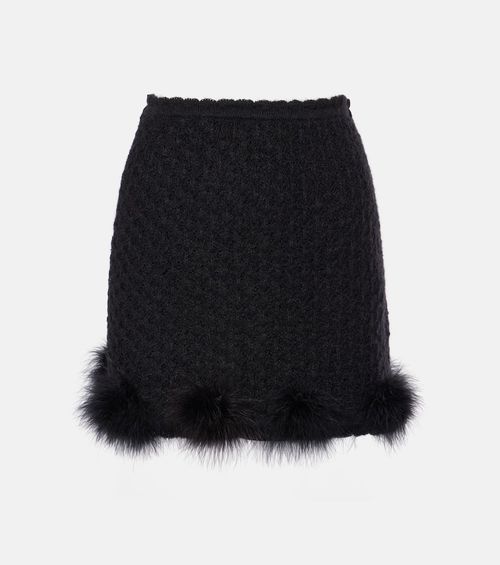 Feather-trimmed knitted miniskirt
