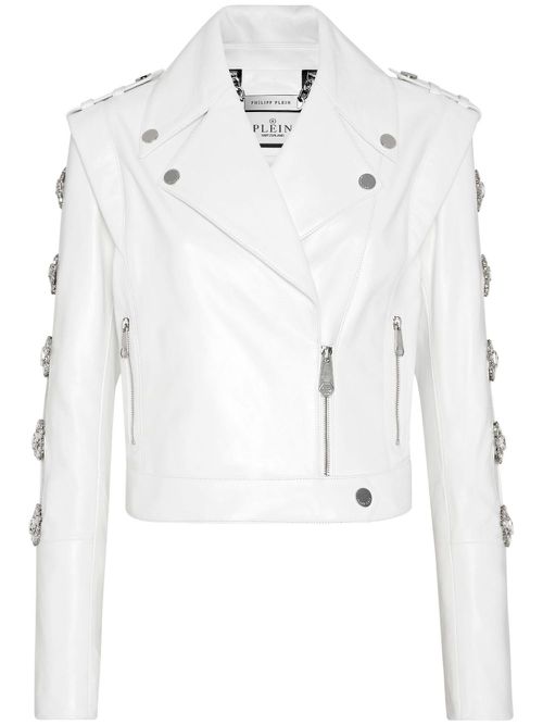 Crystal-embellished biker jacket - White