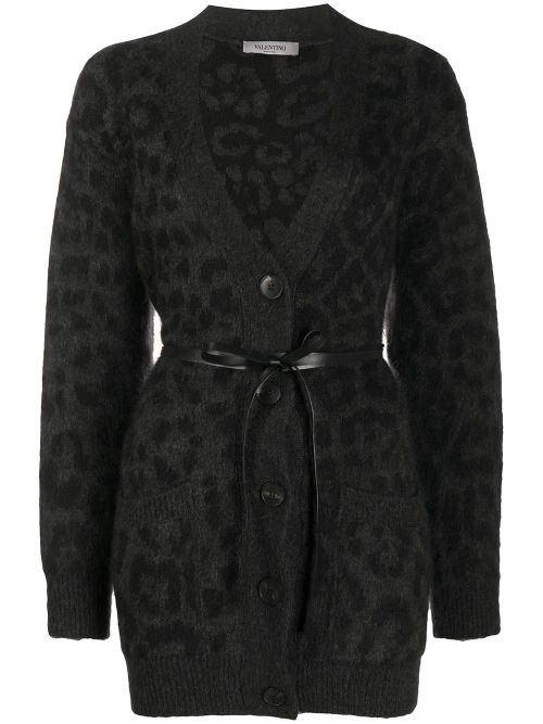 Leopard-Pattern Belted Cardigan — Gray