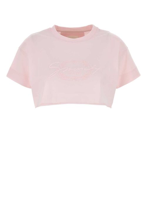 Embroidered Logo Cotton Crop T-Shirt — Pink