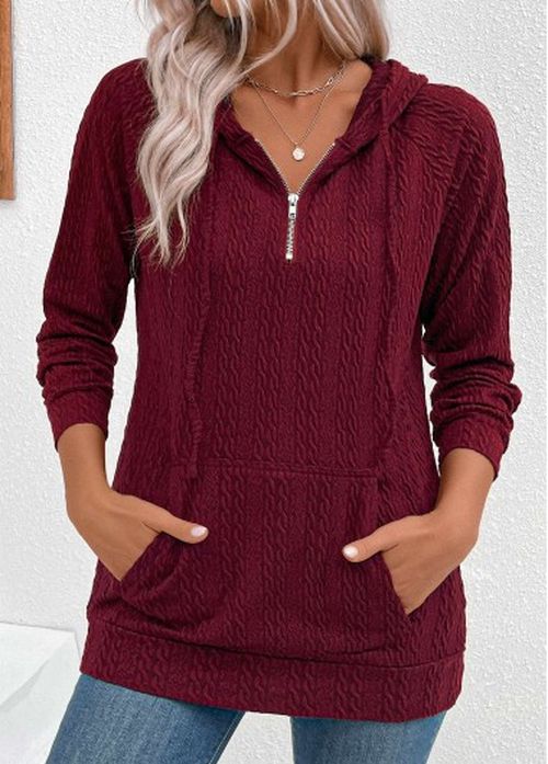 Modlily Wine Red Jacquard Drawstring Long Sleeve Hoodie