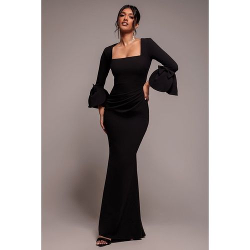 Goddiva Petal Bow Sleeve Frill Maxi Dress - Black