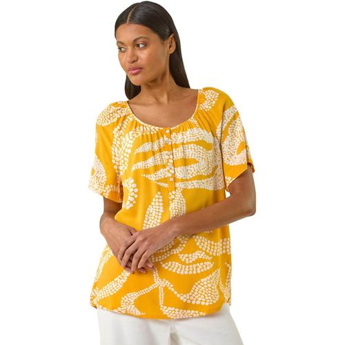 Roman Womens Leaf Print Button Detail Top - Yellow