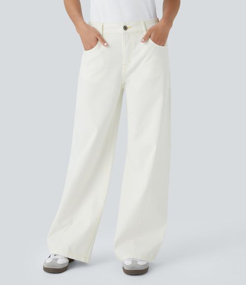 Flex™ Low Rise Zipper Pockets Washed Baggy Wide Leg Casual Jeans  - Beige Denim