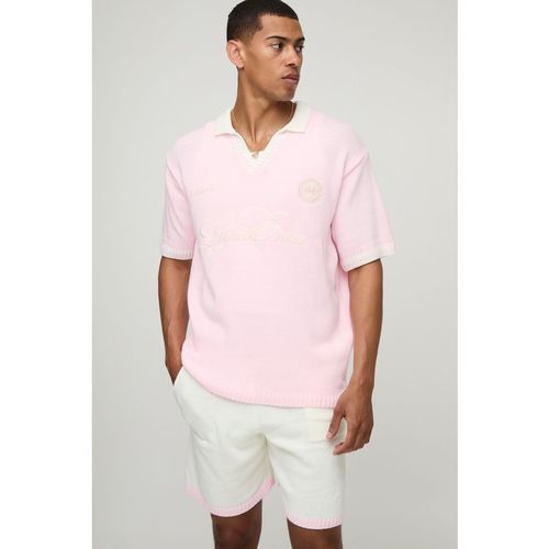 BoohooMAN Mens Oversized V Neck Limited Edition Short Sleeve Knitted Polo & Set - Light Pink - Mediu