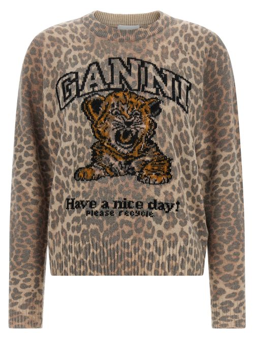 Leopard-Print Intarsia Sweater — cream