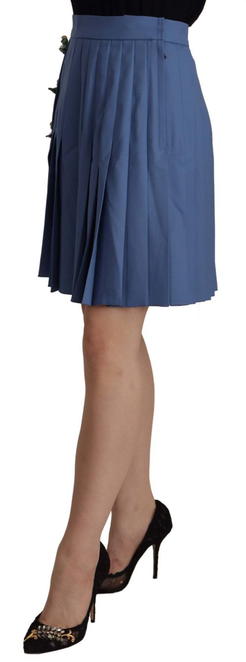 Embellished Pleated Wool Skirt — Blue