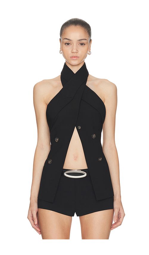 HAELO Wrap Lapel Halter Top en Black. L. Also en M, S, XL