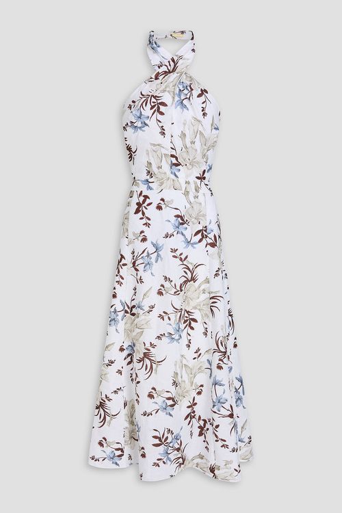 Selene floral-print linen halterneck maxi dress - White - UK 16