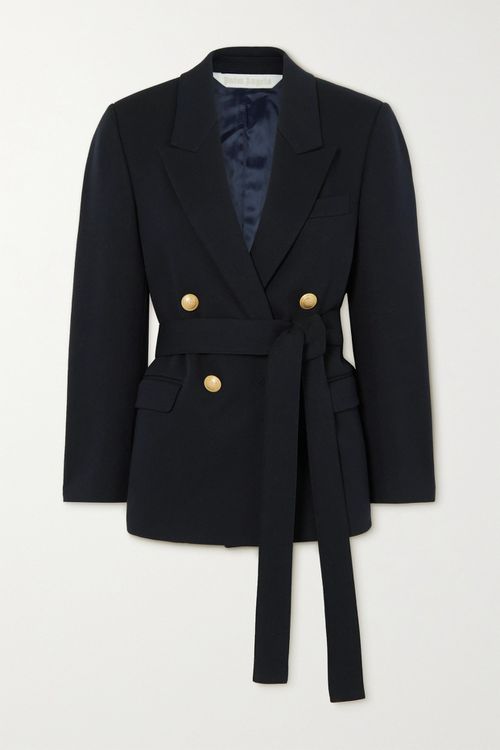 Belted Double-breasted Cotton-blend Blazer - Navy - IT38