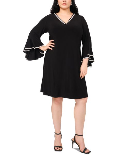 Msk | Plus Size Rhinestone-Trim V-Neck Ruffle-Cuff Dress - Black | Realry