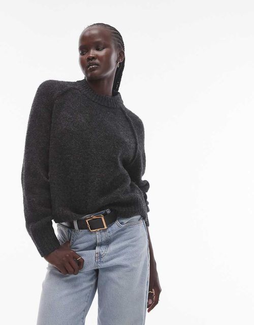 Topshop knitted crew with raglan and exposed seam sweater in charcoal-Gray