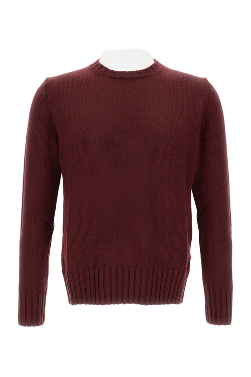 Ribbed Hem Burgundy Wool Crew Neck Sweater
