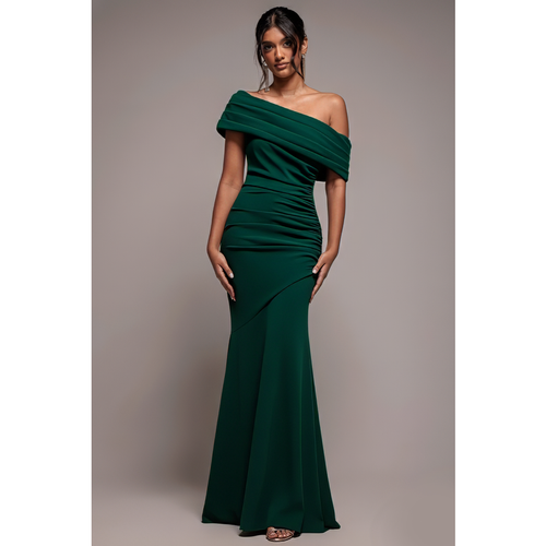 Goddiva Pleated One Shoulder Bardot Fit And Flare Maxi Dress - Emerald Green