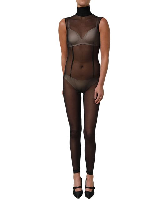 Sheer Mesh Turtleneck Bodysuit — Black