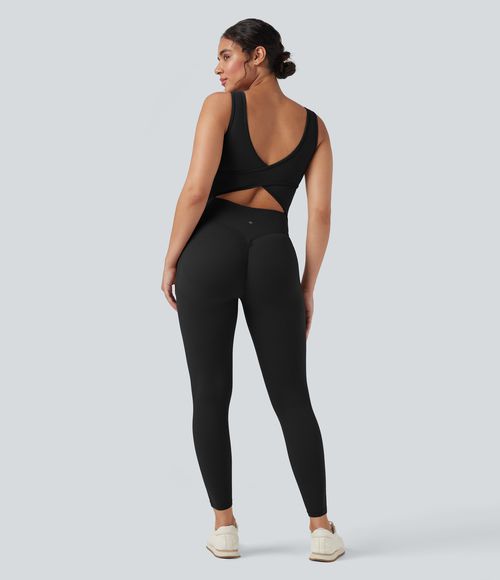 UltraSculpt™ V Neck Butt Lifting Workout Jumpsuit with Pockets Workout Dress - Black