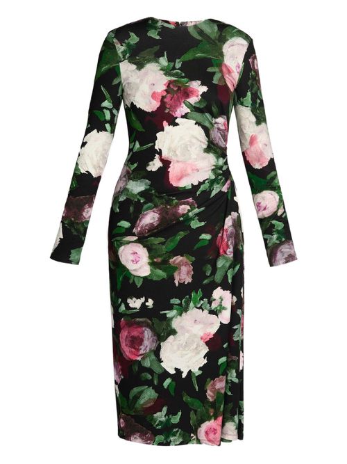 Long-sleeved draped midi dress - Black
