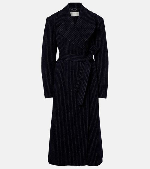 Belted pinstriped wool coat