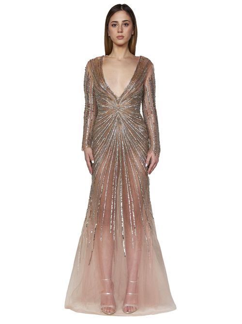 Crystal and Gold-Bead Embroidered Dress — Gold