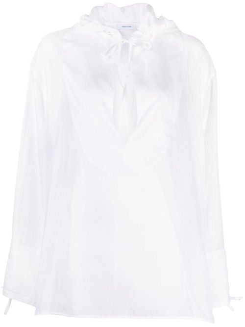 Semi-sheer long-sleeve hooded top - White