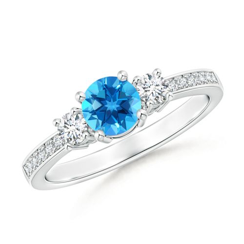 Angara 0.6 Carat Classic Three Stone Round Swiss Blue Topaz and Diamond Engagement Ring in Platinum