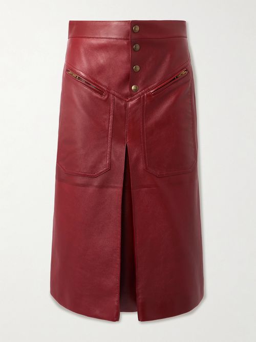 Pleated Paneled Leather Midi Skirt - Burgundy