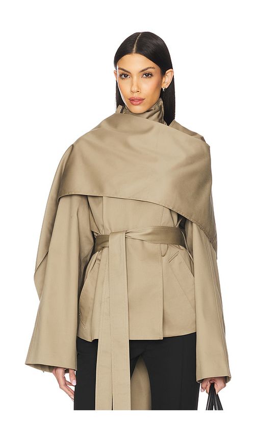 EAVES Yuna Crop Trench in Khaki Greige - Brown. M also in XXS, XS, S
