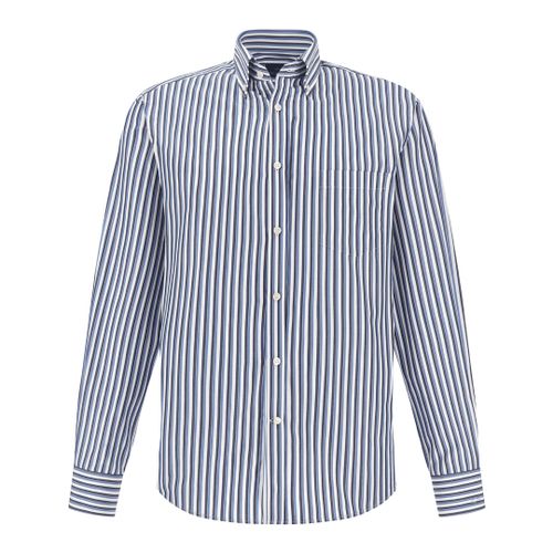 Cotton Poplin Shirt with Striped Pattern, Man, Stripes White Blue Cobalt Blue
