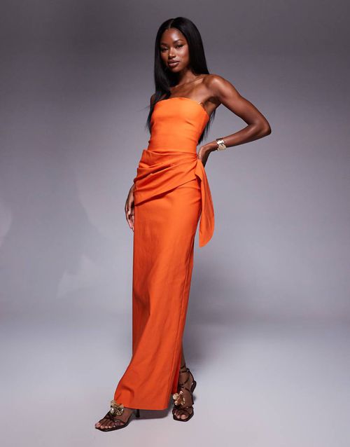 Bengaline bandeau drape front detail maxi dress in orange