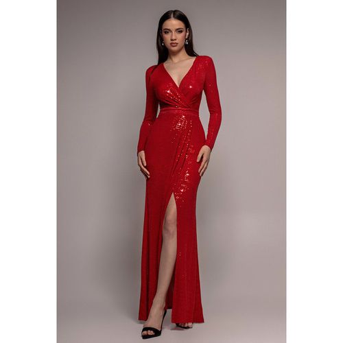 Goddiva Sequin Glitter Lurex Long Sleeve Wrap Maxi Dress - Red