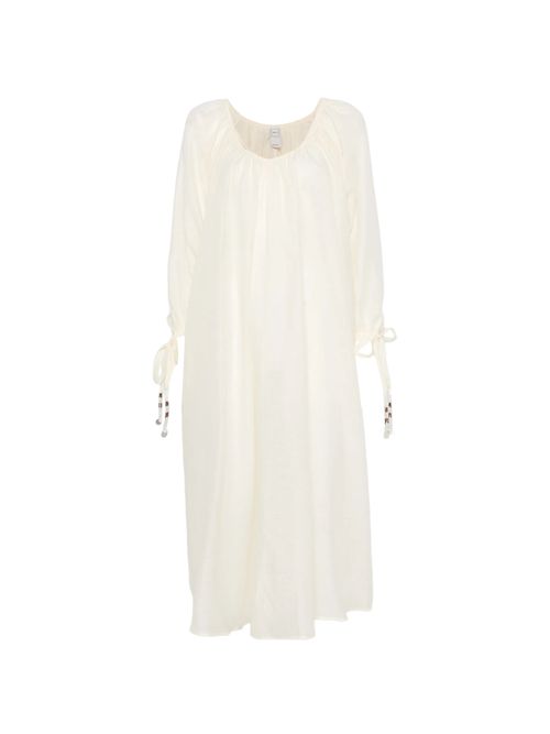 V-Neck Long Linen Cotton Dress with Adjustable Cuffs - Women's Fashion
