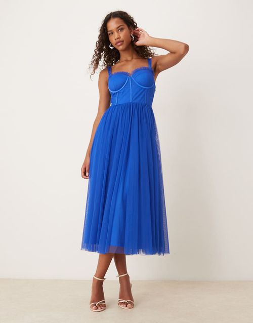 Tulle corset midi dress in cobalt-Blue