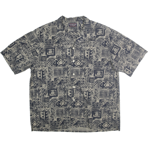 ROUNDTREE & YORKE Mens Navy Blue & Cream Patterned Cotton Shirt L Relaxed Fit